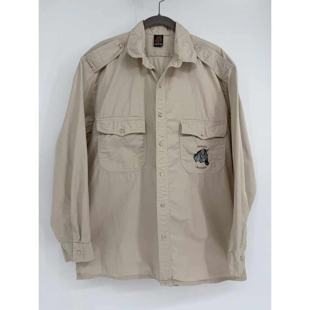 Colpro Mens Africa Safari Zebra Embroidered Epaulet Shirt Khaki Tan Long Sleeve